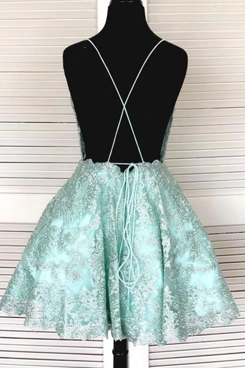 A-Line Spaghetti Straps Backless Mint Green Lace Short Prom Dress Backless Mint Green Lace Formal Graduation Homecoming Dress