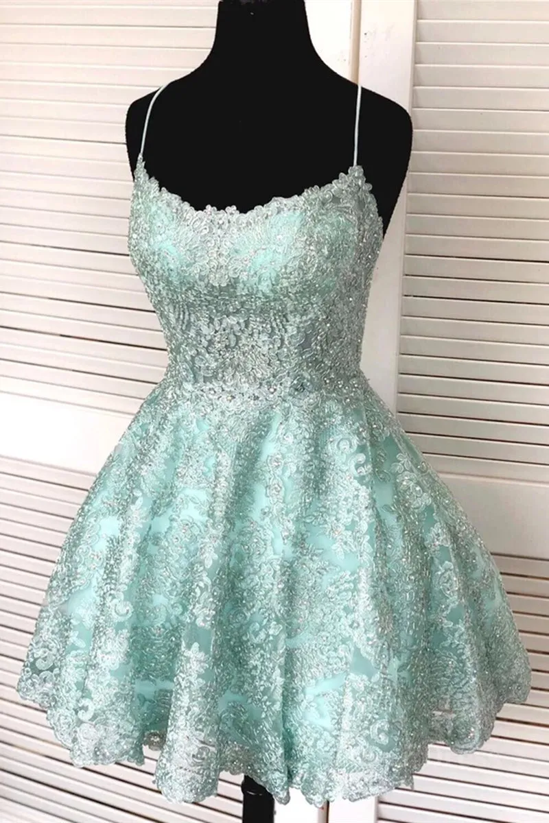 A-Line Spaghetti Straps Backless Mint Green Lace Short Prom Dress Backless Mint Green Lace Formal Graduation Homecoming Dress