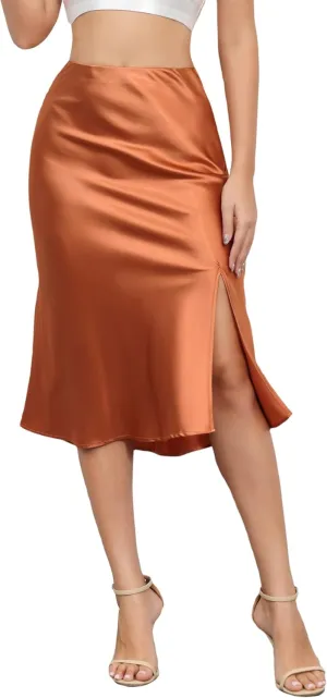 ALCEA ROSEA Women High Waist Silky Satin Midi Skirt Elastic Waist A Line Skirt with Slit