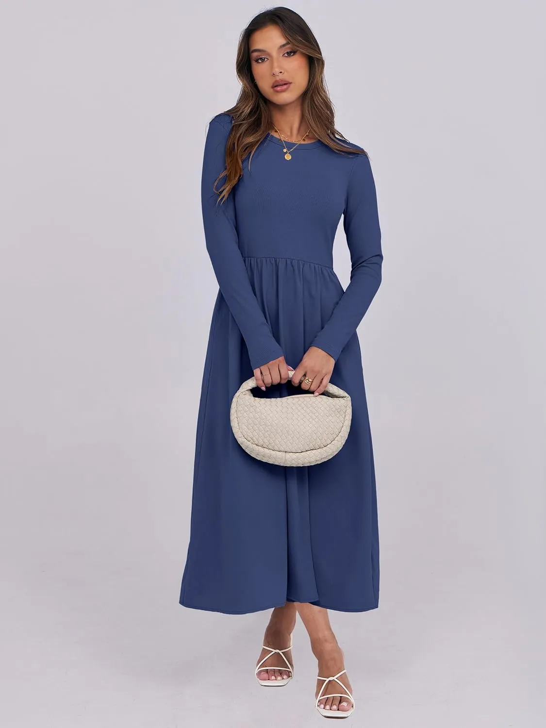 ANRABESS Women's Long Sleeve Midi Dress 2025 Fall Fashion Patchwork Ribbed Knit Tight Top Casual Flowy Swing Dresses Pockets