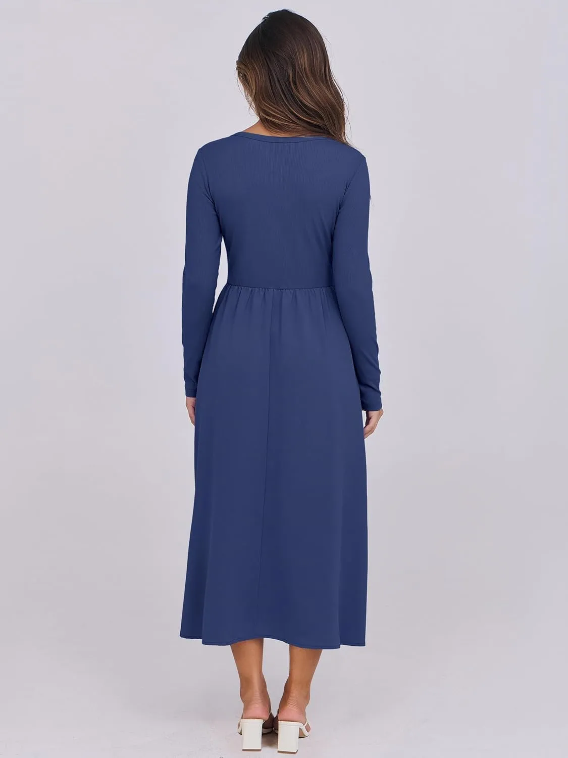 ANRABESS Women's Long Sleeve Midi Dress 2025 Fall Fashion Patchwork Ribbed Knit Tight Top Casual Flowy Swing Dresses Pockets