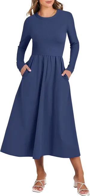 ANRABESS Women's Long Sleeve Midi Dress 2025 Fall Fashion Patchwork Ribbed Knit Tight Top Casual Flowy Swing Dresses Pockets