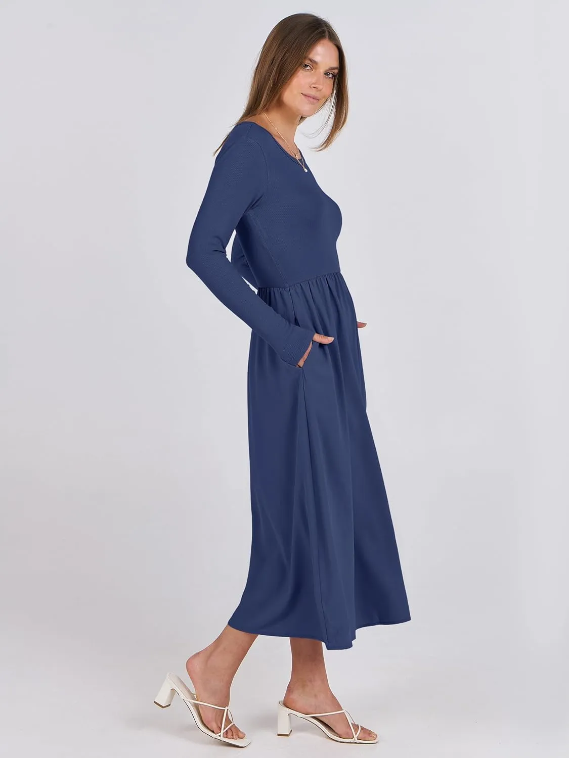 ANRABESS Women's Long Sleeve Midi Dress 2025 Fall Fashion Patchwork Ribbed Knit Tight Top Casual Flowy Swing Dresses Pockets