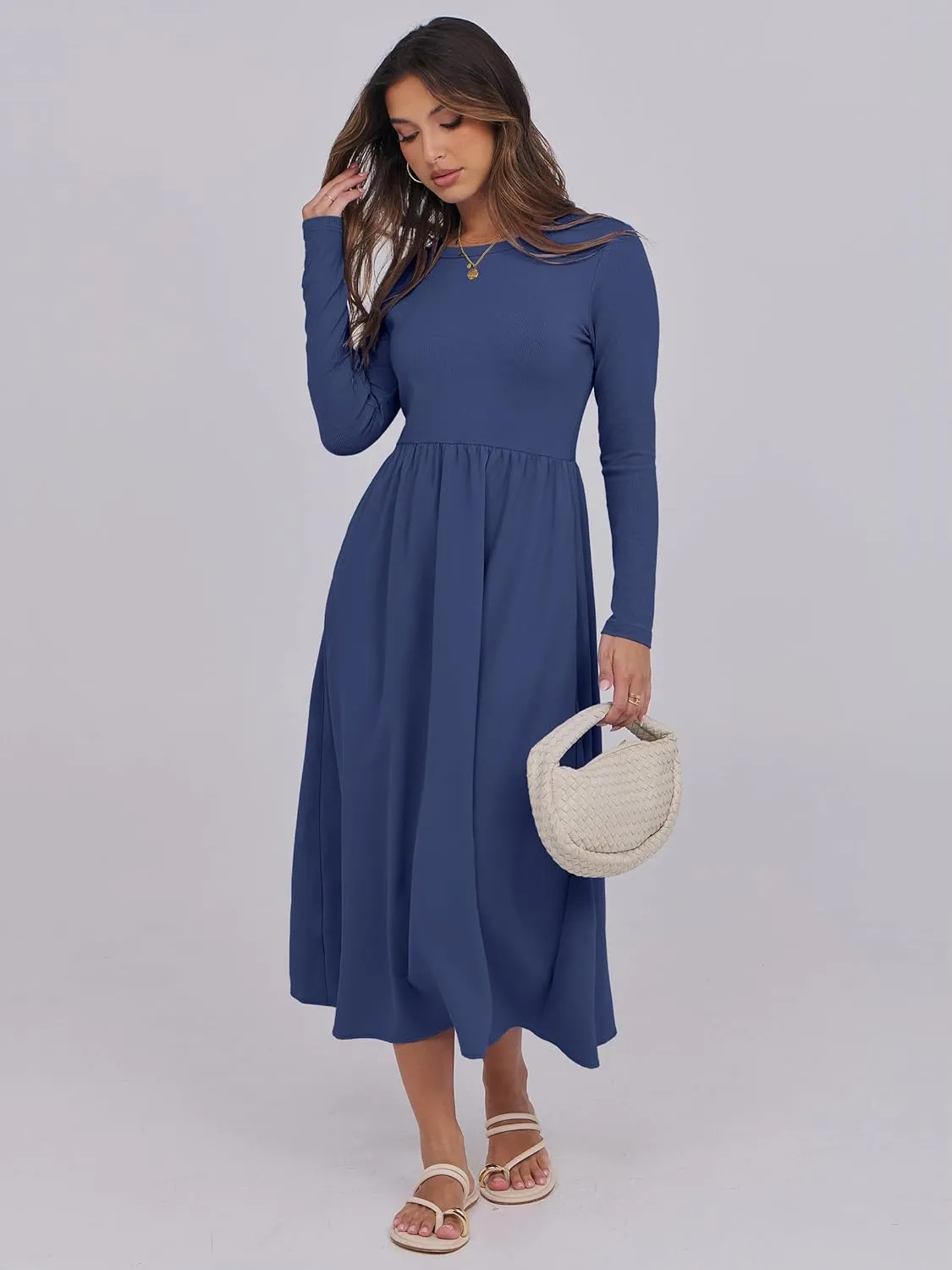 ANRABESS Women's Long Sleeve Midi Dress 2025 Fall Fashion Patchwork Ribbed Knit Tight Top Casual Flowy Swing Dresses Pockets