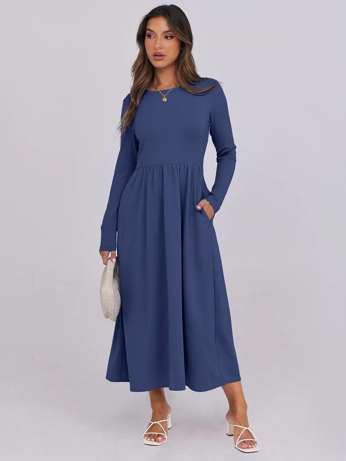 ANRABESS Women's Long Sleeve Midi Dress 2025 Fall Fashion Patchwork Ribbed Knit Tight Top Casual Flowy Swing Dresses Pockets