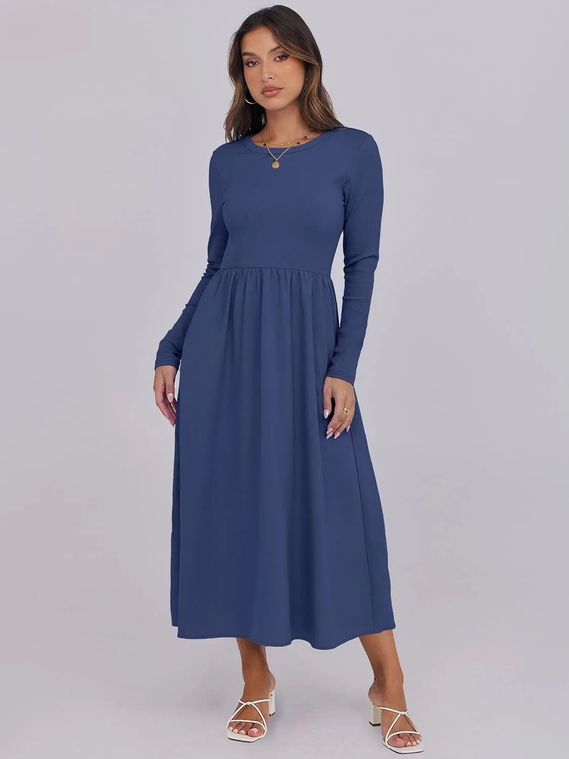 ANRABESS Women's Long Sleeve Midi Dress 2025 Fall Fashion Patchwork Ribbed Knit Tight Top Casual Flowy Swing Dresses Pockets