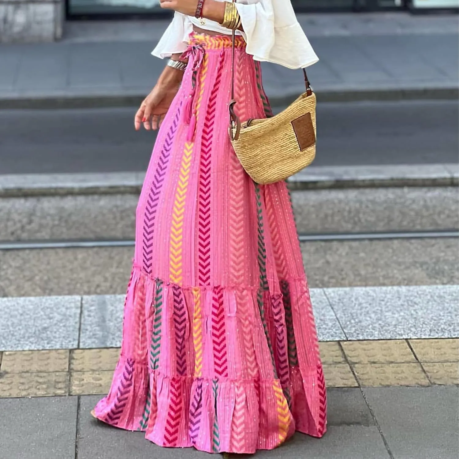 Boho Skirts for Women Fashion Floral Elastic High Waist Tiered Ruffle Hem Maxi Skirt Summer Flowy A Line Beach Skirt