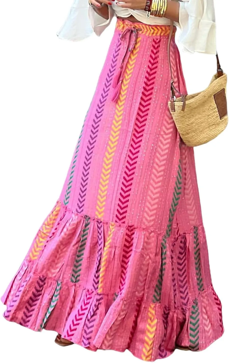 Boho Skirts for Women Fashion Floral Elastic High Waist Tiered Ruffle Hem Maxi Skirt Summer Flowy A Line Beach Skirt
