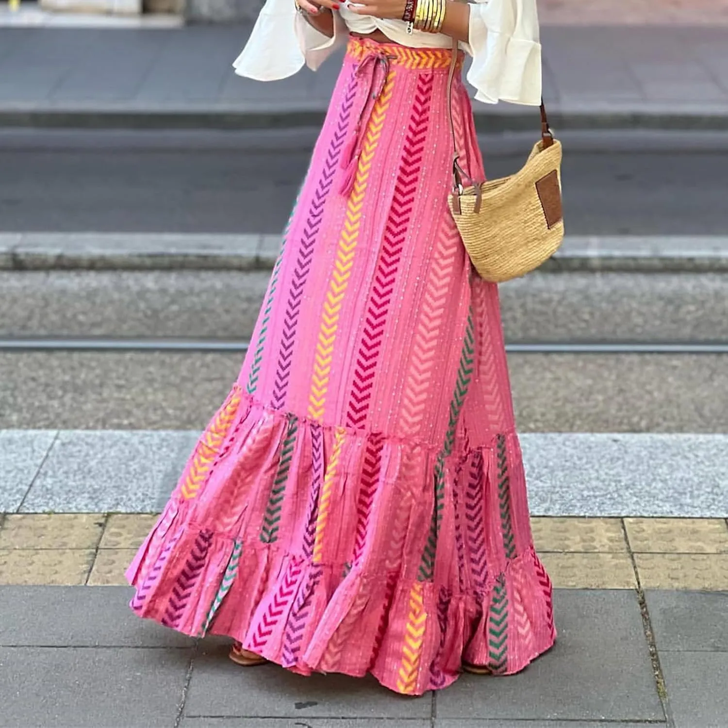 Boho Skirts for Women Fashion Floral Elastic High Waist Tiered Ruffle Hem Maxi Skirt Summer Flowy A Line Beach Skirt
