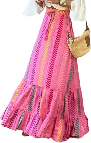 Boho Skirts for Women Fashion Floral Elastic High Waist Tiered Ruffle Hem Maxi Skirt Summer Flowy A Line Beach Skirt