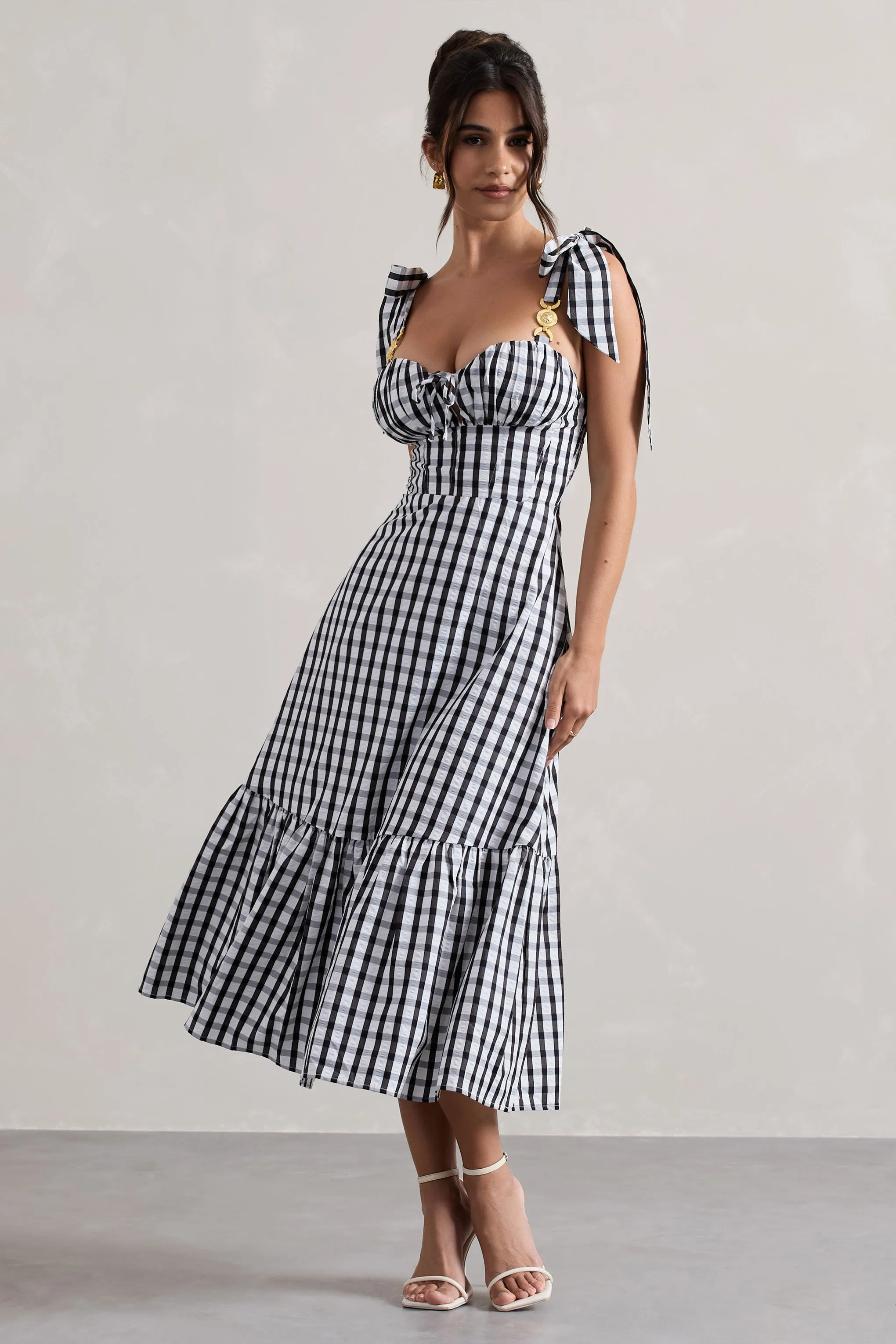 Brighton | Black & White Gingham Sweetheart Midi Dress