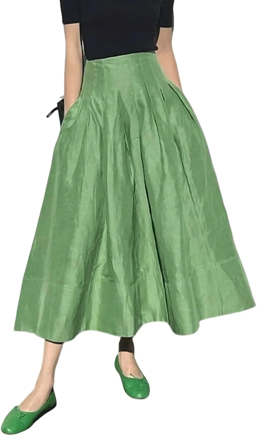 CHARTOU Women Vintage Green Long Skirt Summer Cotton Linen A Line Swing Skirt with Pockets