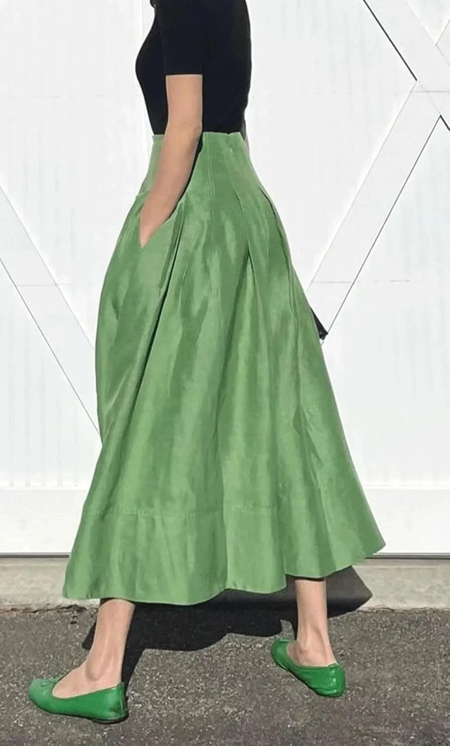 CHARTOU Women Vintage Green Long Skirt Summer Cotton Linen A Line Swing Skirt with Pockets