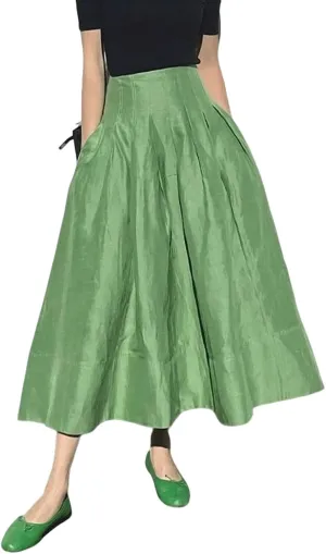CHARTOU Women Vintage Green Long Skirt Summer Cotton Linen A Line Swing Skirt with Pockets