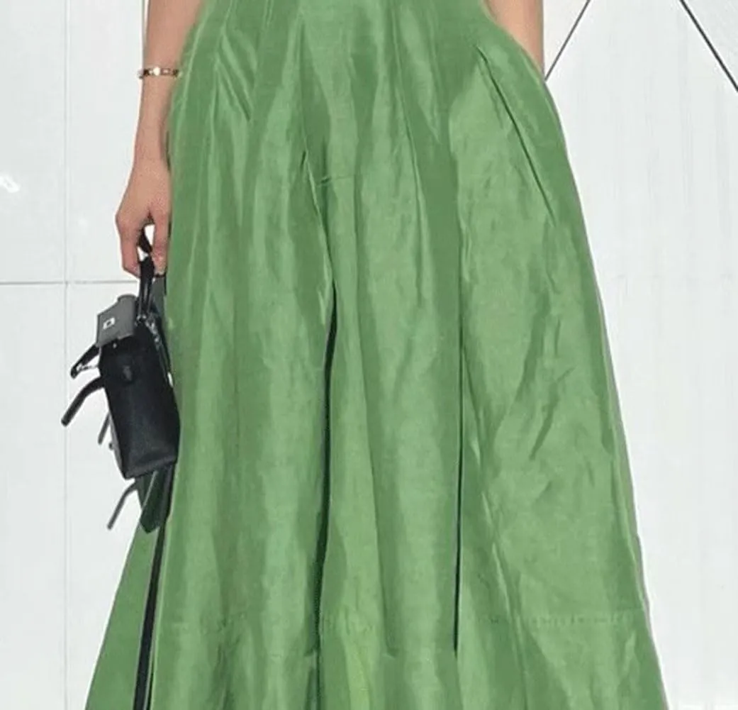 CHARTOU Women Vintage Green Long Skirt Summer Cotton Linen A Line Swing Skirt with Pockets