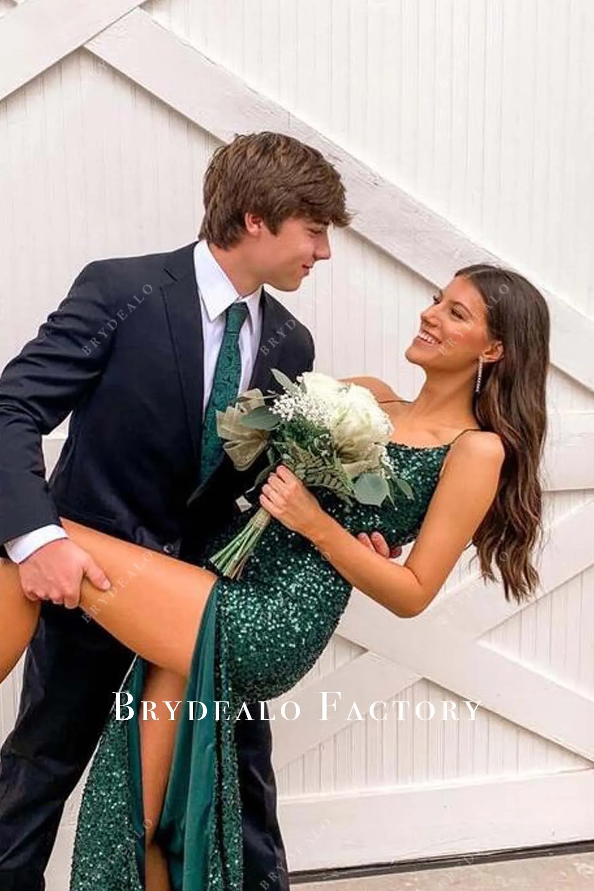 Dark Green Sequin Spaghetti Straps Slit Long Prom Dress