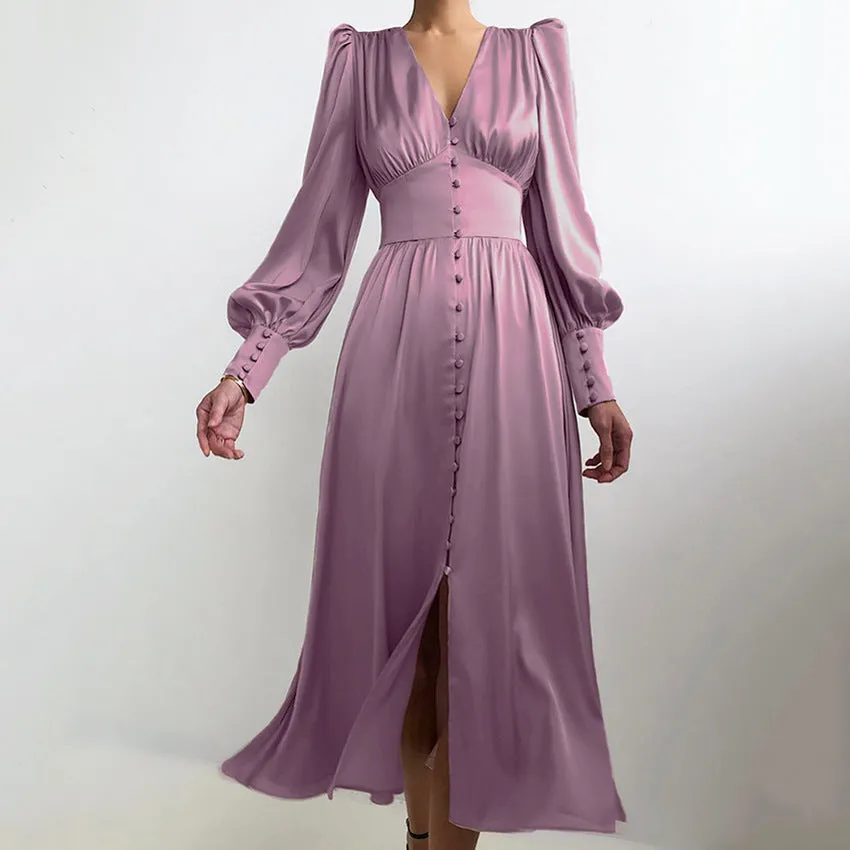 DEANWANGKT Autumn and Winter Women's European and American Long Dress V-neck Cross-Border Hot Sale Foreign Trade Satin Court Waist-Tight Retro Dress Women