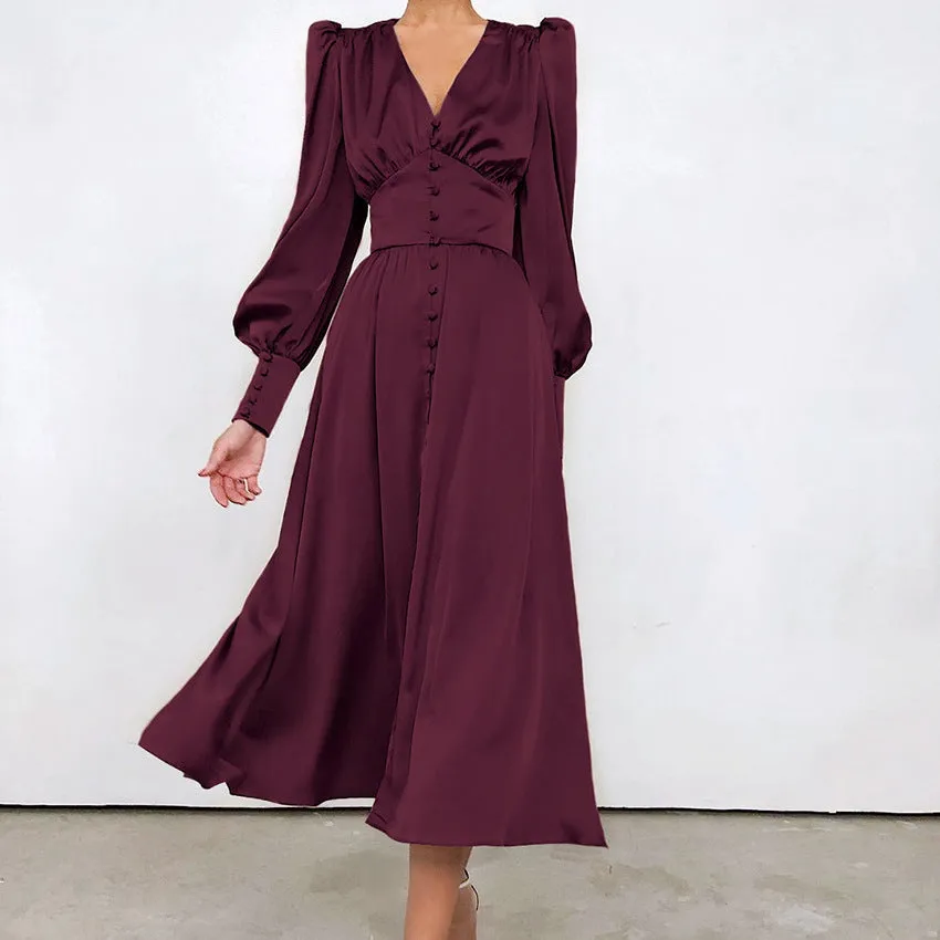 DEANWANGKT Autumn and Winter Women's European and American Long Dress V-neck Cross-Border Hot Sale Foreign Trade Satin Court Waist-Tight Retro Dress Women