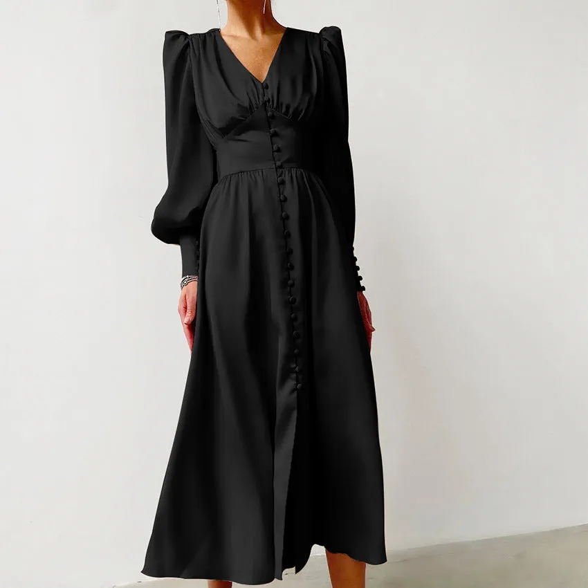 DEANWANGKT Autumn and Winter Women's European and American Long Dress V-neck Cross-Border Hot Sale Foreign Trade Satin Court Waist-Tight Retro Dress Women