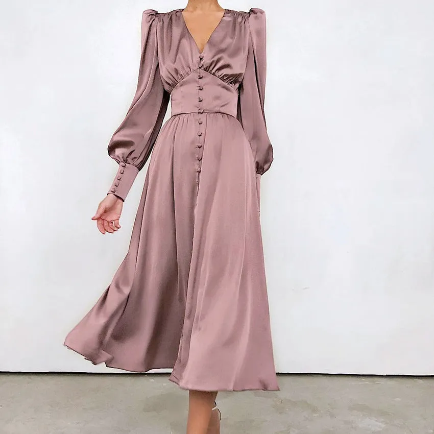 DEANWANGKT Autumn and Winter Women's European and American Long Dress V-neck Cross-Border Hot Sale Foreign Trade Satin Court Waist-Tight Retro Dress Women