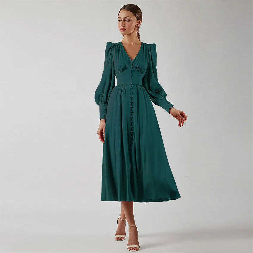 DEANWANGKT Autumn and Winter Women's European and American Long Dress V-neck Cross-Border Hot Sale Foreign Trade Satin Court Waist-Tight Retro Dress Women