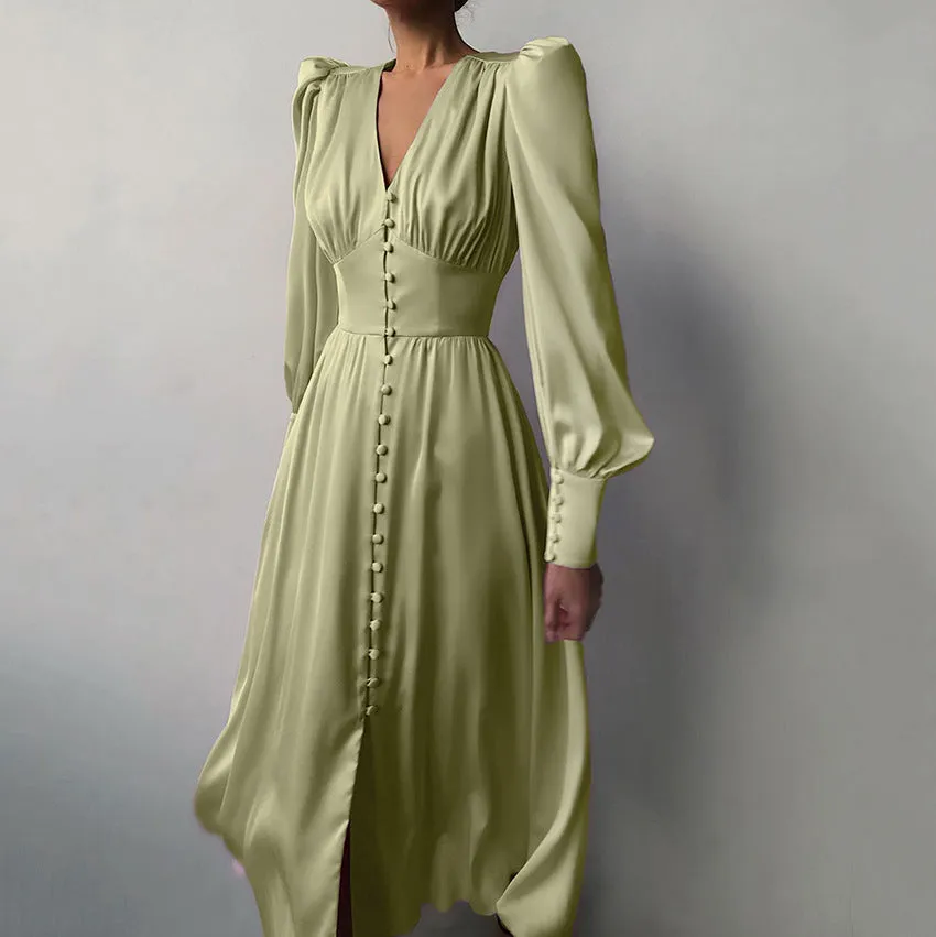 DEANWANGKT Autumn and Winter Women's European and American Long Dress V-neck Cross-Border Hot Sale Foreign Trade Satin Court Waist-Tight Retro Dress Women