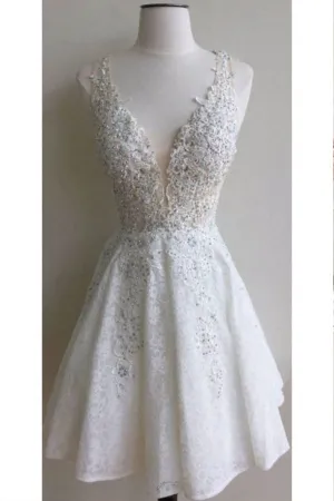 Deep V Neck  Lace Short Homecoming Dress