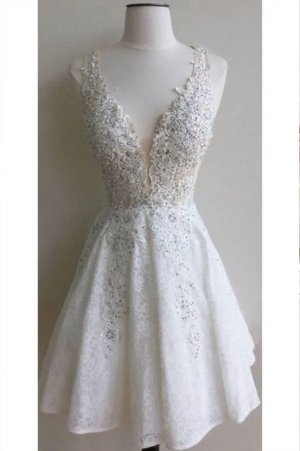 Deep V Neck  Lace Short Homecoming Dress