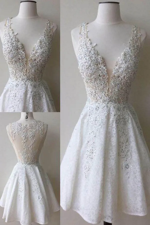 Deep V Neck  Lace Short Homecoming Dress