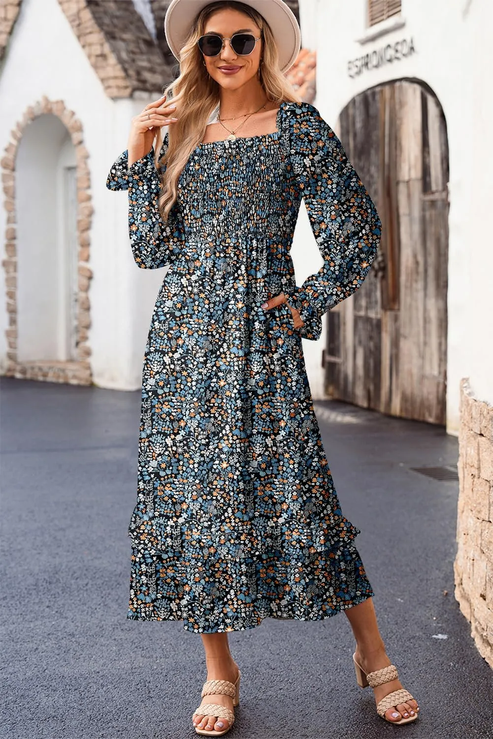 Dokotoo Spring Dresses for Women Casual Floral Square Neck Long Sleeve Smocked Elastic Waist Tiered Ruffle Hem Maxi Dress