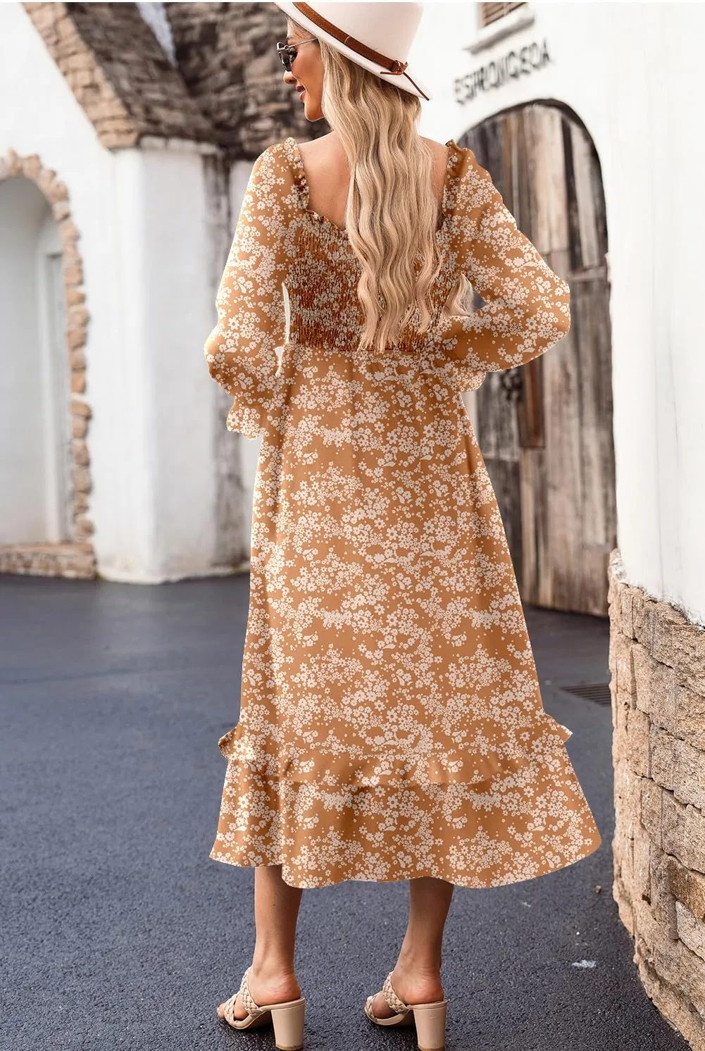 Dokotoo Spring Dresses for Women Casual Floral Square Neck Long Sleeve Smocked Elastic Waist Tiered Ruffle Hem Maxi Dress