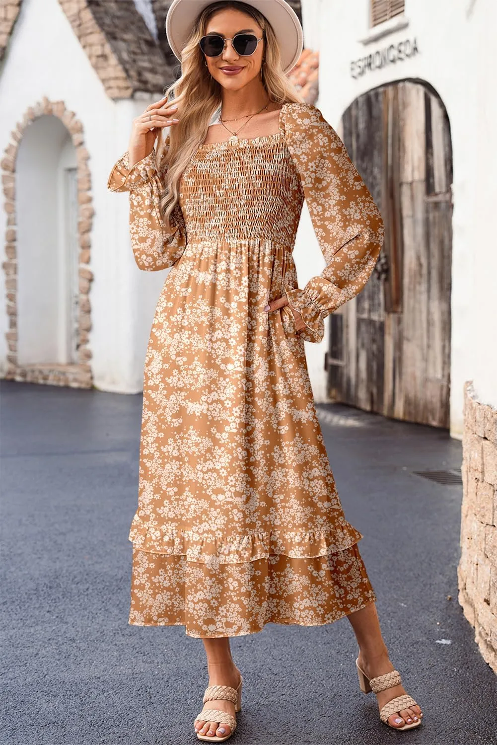 Dokotoo Spring Dresses for Women Casual Floral Square Neck Long Sleeve Smocked Elastic Waist Tiered Ruffle Hem Maxi Dress