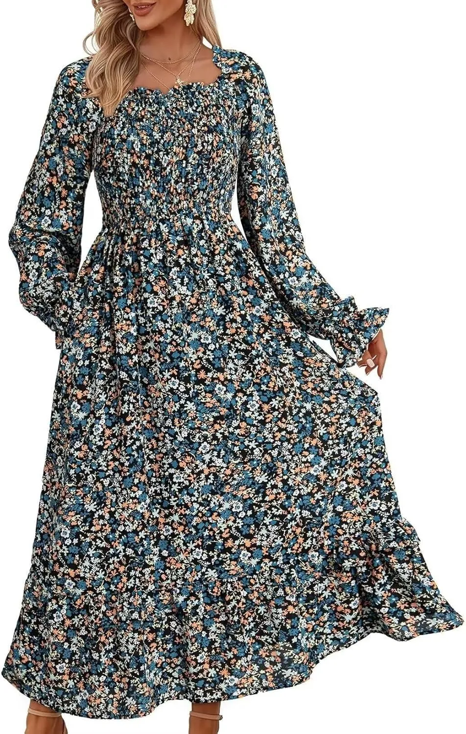 Dokotoo Spring Dresses for Women Casual Floral Square Neck Long Sleeve Smocked Elastic Waist Tiered Ruffle Hem Maxi Dress