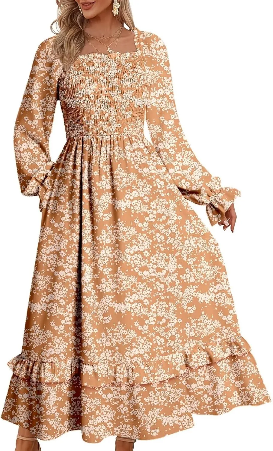 Dokotoo Spring Dresses for Women Casual Floral Square Neck Long Sleeve Smocked Elastic Waist Tiered Ruffle Hem Maxi Dress