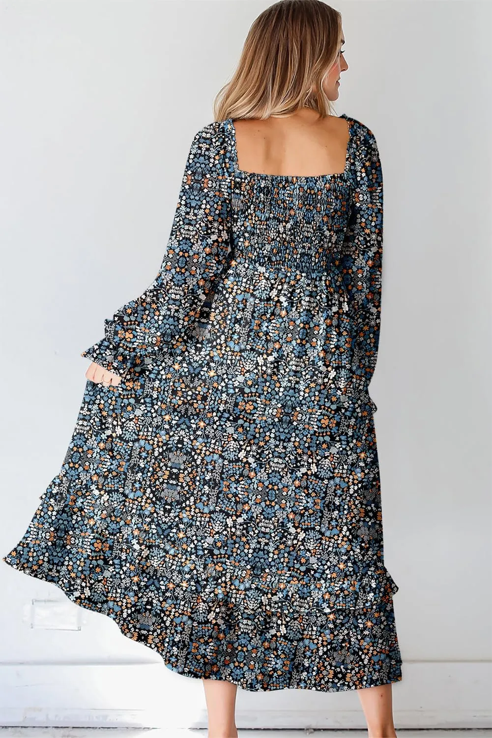 Dokotoo Spring Dresses for Women Casual Floral Square Neck Long Sleeve Smocked Elastic Waist Tiered Ruffle Hem Maxi Dress