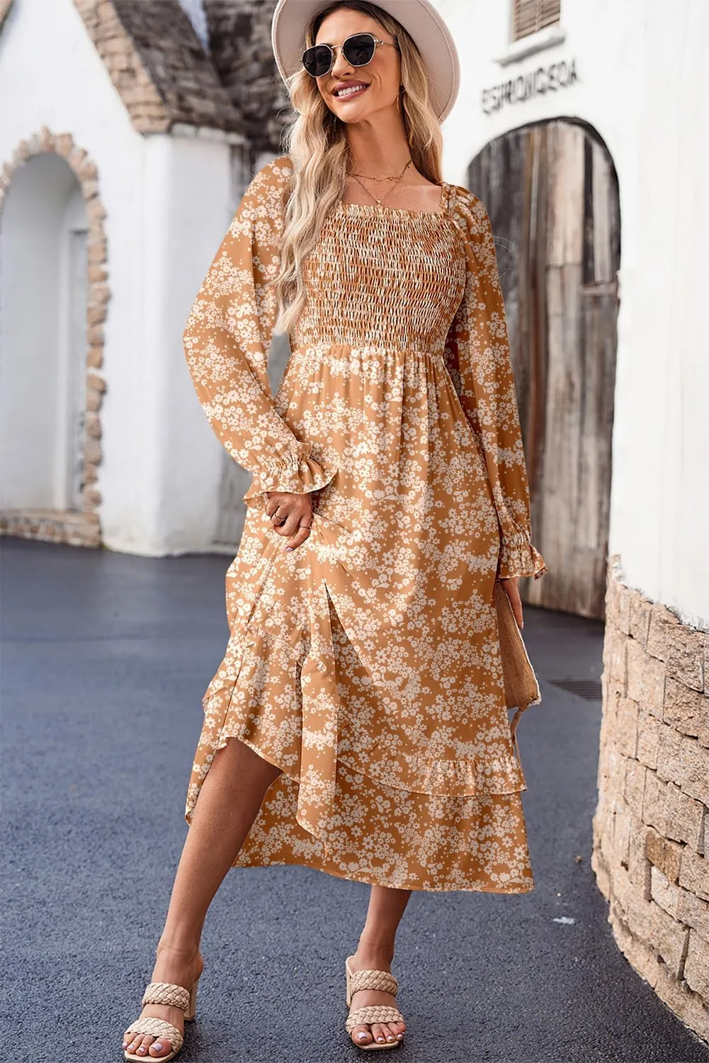 Dokotoo Spring Dresses for Women Casual Floral Square Neck Long Sleeve Smocked Elastic Waist Tiered Ruffle Hem Maxi Dress