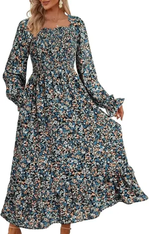 Dokotoo Spring Dresses for Women Casual Floral Square Neck Long Sleeve Smocked Elastic Waist Tiered Ruffle Hem Maxi Dress