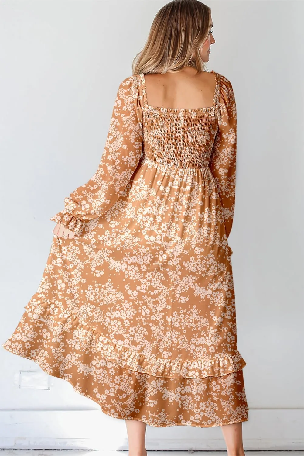 Dokotoo Spring Dresses for Women Casual Floral Square Neck Long Sleeve Smocked Elastic Waist Tiered Ruffle Hem Maxi Dress