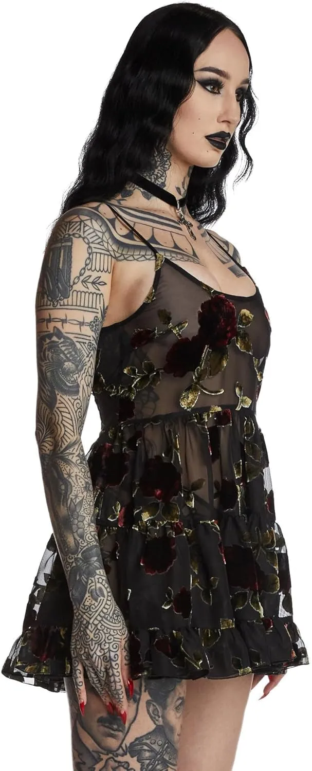 Dolls Kill Befallen Romance Mini Dress by Widow  Sheer Mesh Mini Dress with Velvet Rose Detail & Lace-Up Back