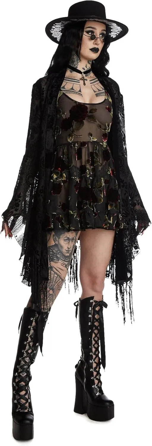 Dolls Kill Befallen Romance Mini Dress by Widow  Sheer Mesh Mini Dress with Velvet Rose Detail & Lace-Up Back
