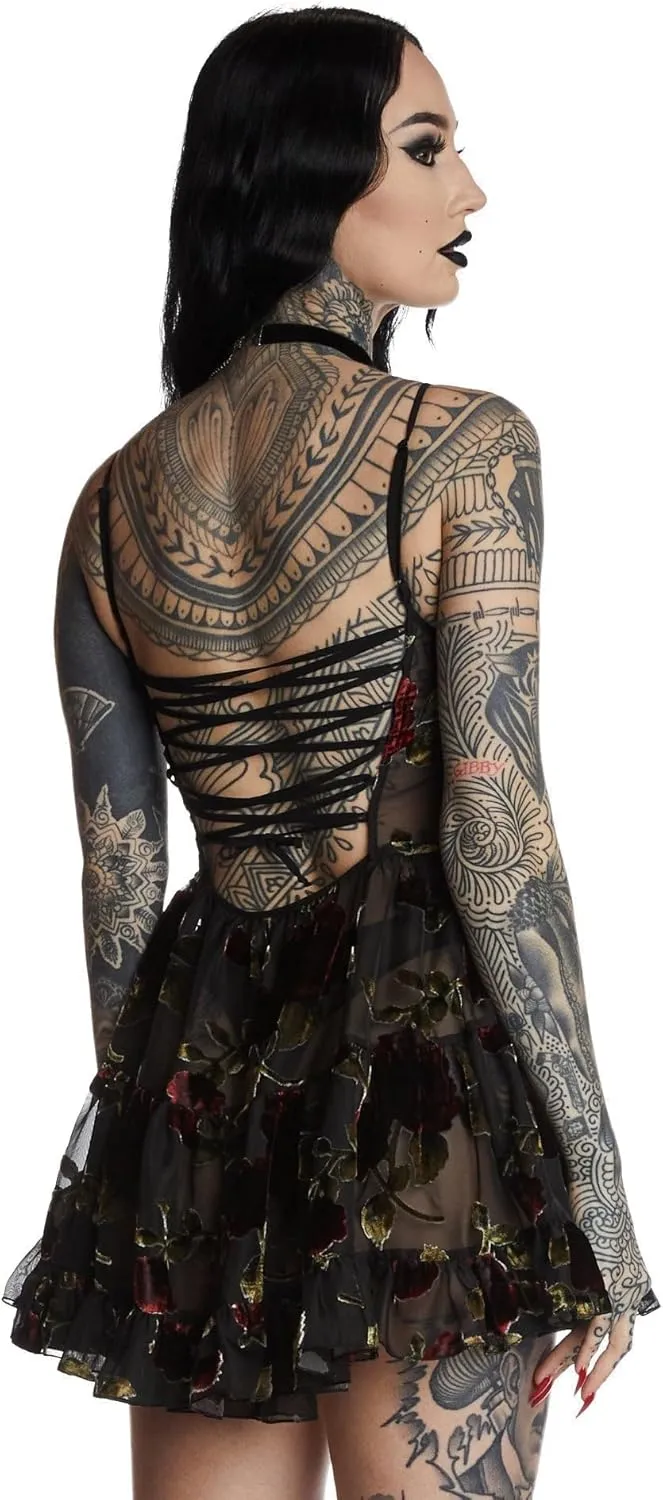 Dolls Kill Befallen Romance Mini Dress by Widow  Sheer Mesh Mini Dress with Velvet Rose Detail & Lace-Up Back