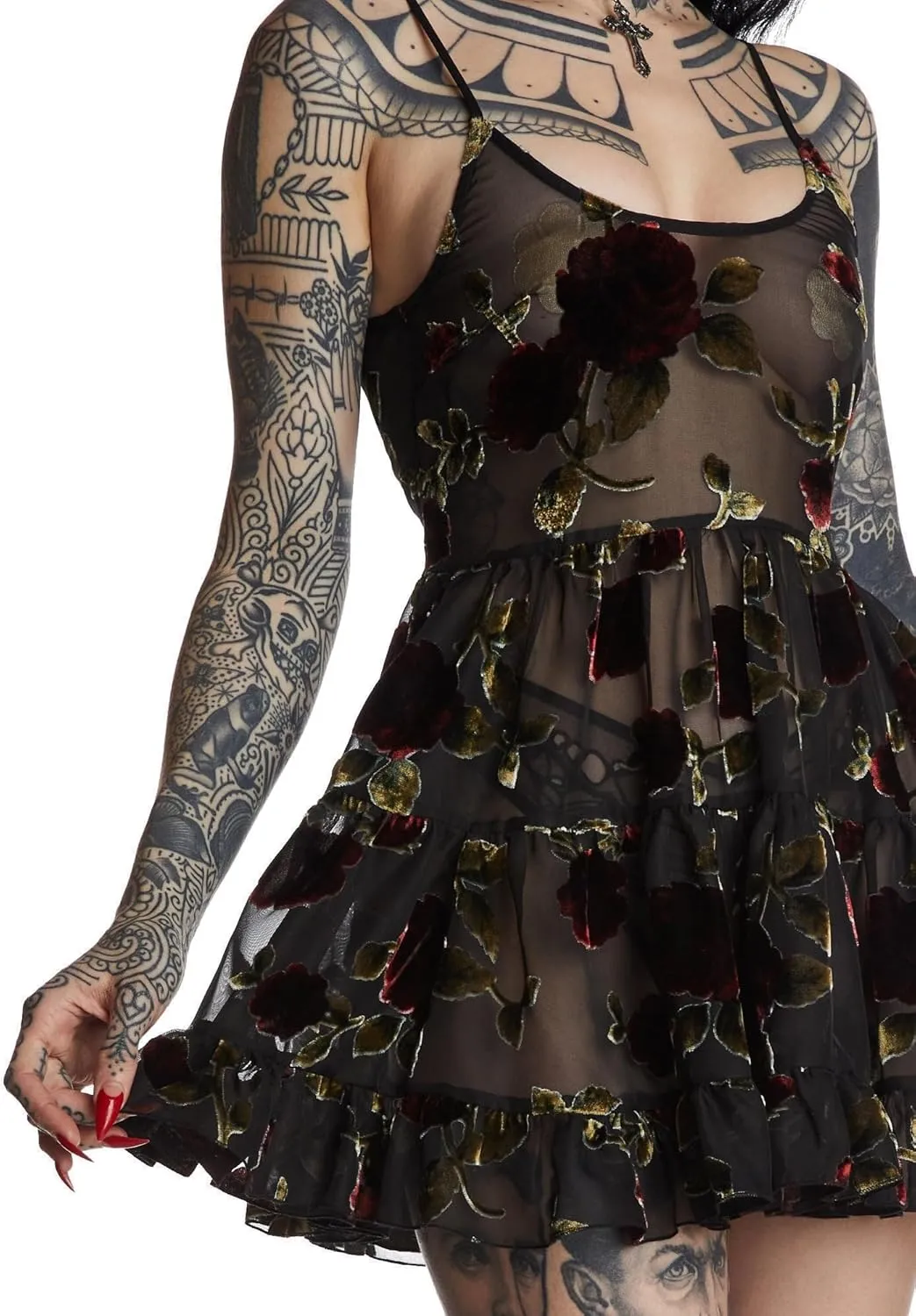 Dolls Kill Befallen Romance Mini Dress by Widow  Sheer Mesh Mini Dress with Velvet Rose Detail & Lace-Up Back