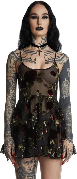 Dolls Kill Befallen Romance Mini Dress by Widow  Sheer Mesh Mini Dress with Velvet Rose Detail & Lace-Up Back