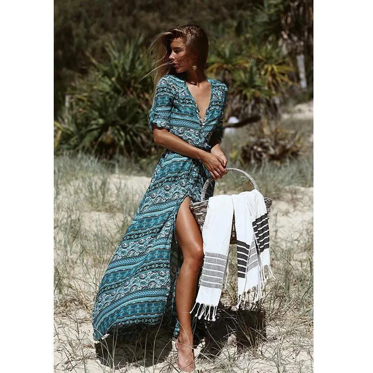 Floral Printed Half Sleeve Bohemia Maxi Dress