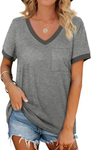 Geifa Womens T Shirts Short Sleeve V Neck Loose Casual Summer Tops with Pocket