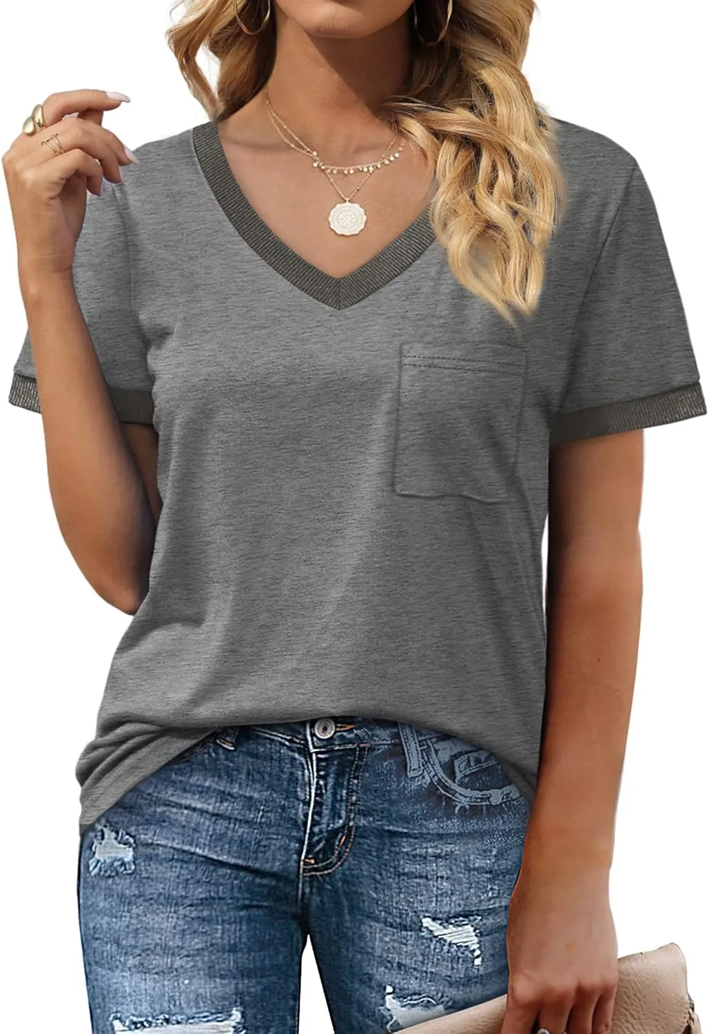 Geifa Womens T Shirts Short Sleeve V Neck Loose Casual Summer Tops with Pocket