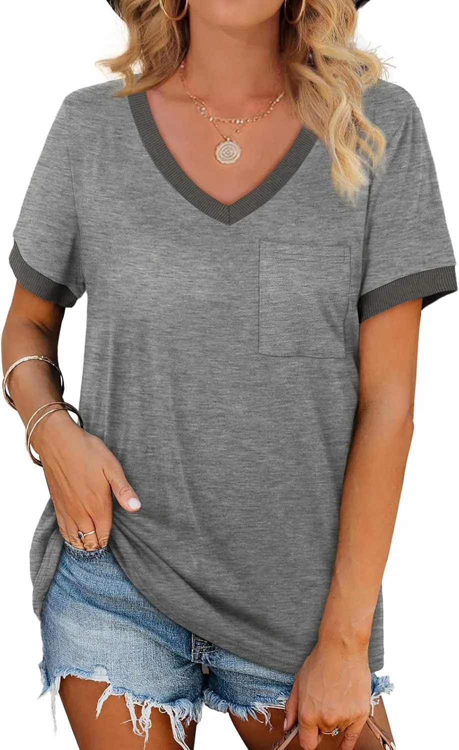 Geifa Womens T Shirts Short Sleeve V Neck Loose Casual Summer Tops with Pocket