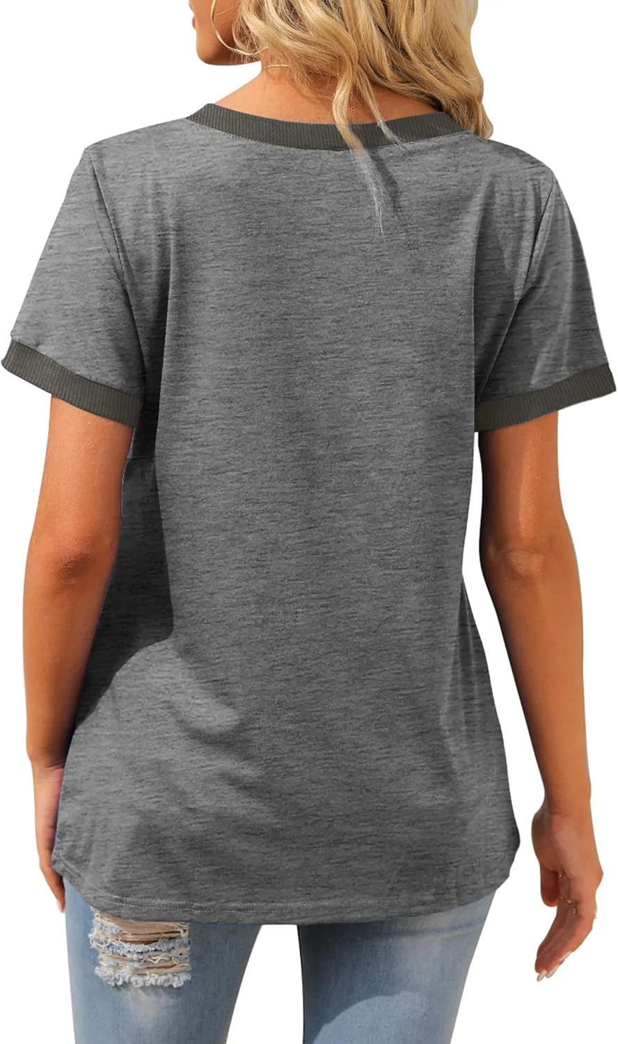 Geifa Womens T Shirts Short Sleeve V Neck Loose Casual Summer Tops with Pocket