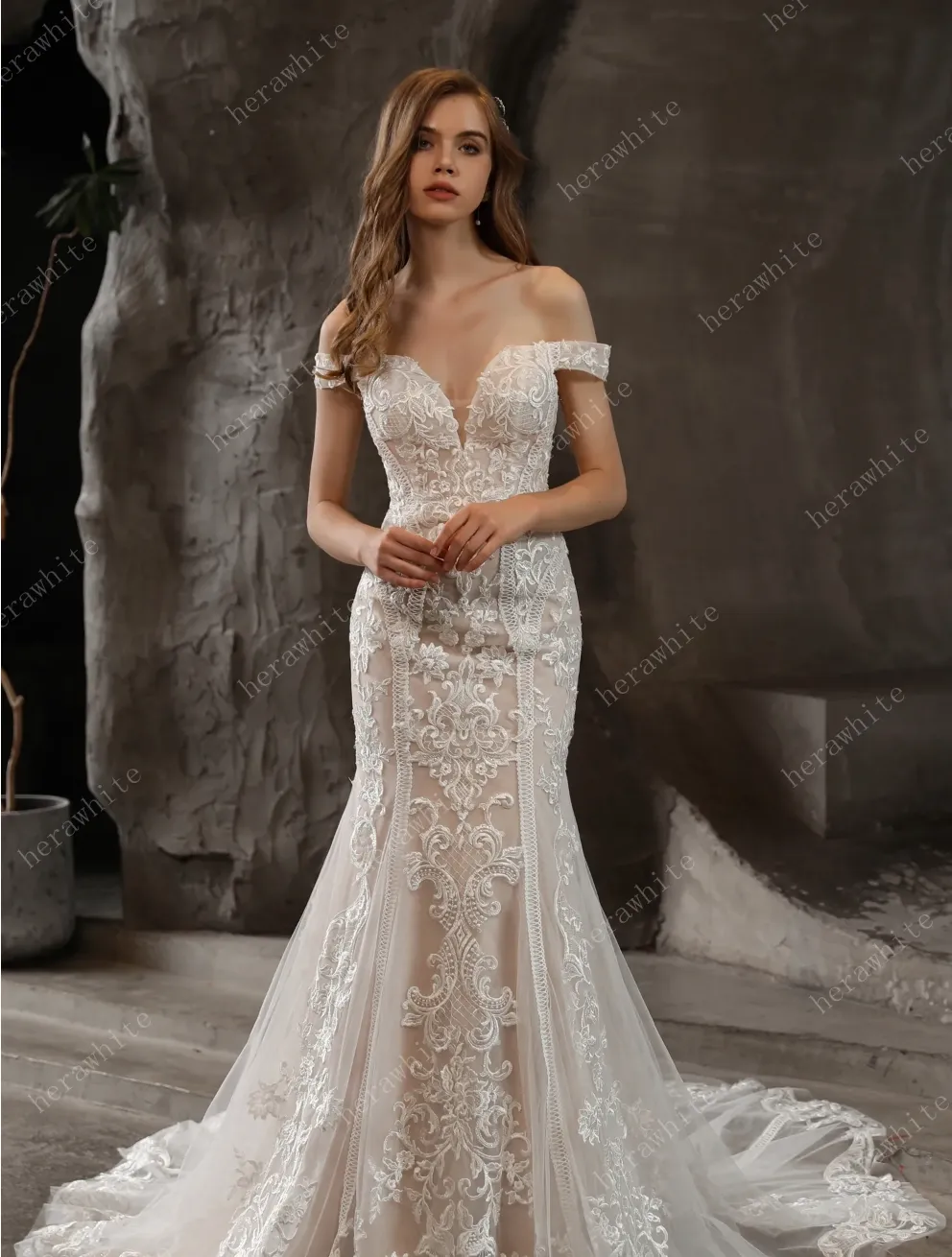 Gorgeous Lace Fit and Flare Bridal Gown with Detachable Train