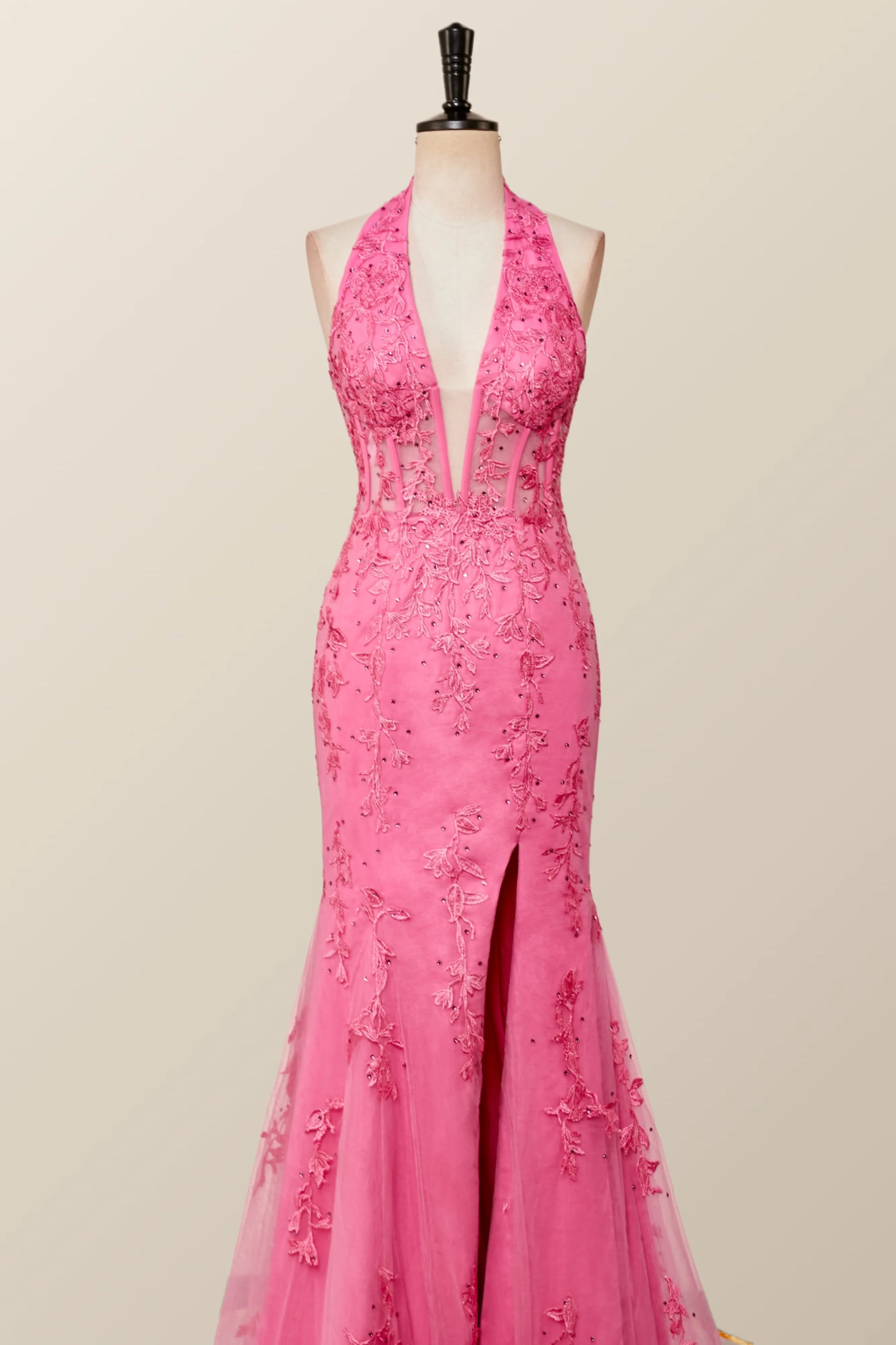 Halter Fuchsia Yellow Lace Mermaid Prom Dress
